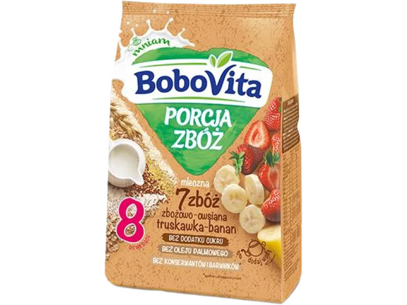 BoboVita Porcja Zbóż Kaszka mleczna 7 zbóż zbożowo-owsiana truskawka-banan, proszek