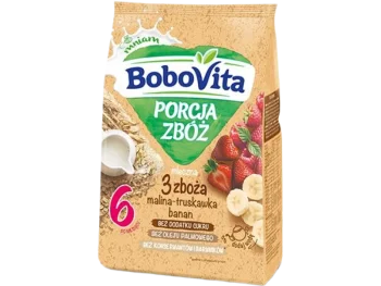 Zdjęcie produktu BoboVita Porcja zbóż mleczna kaszka 3 zboża malina truskawka banan, proszek