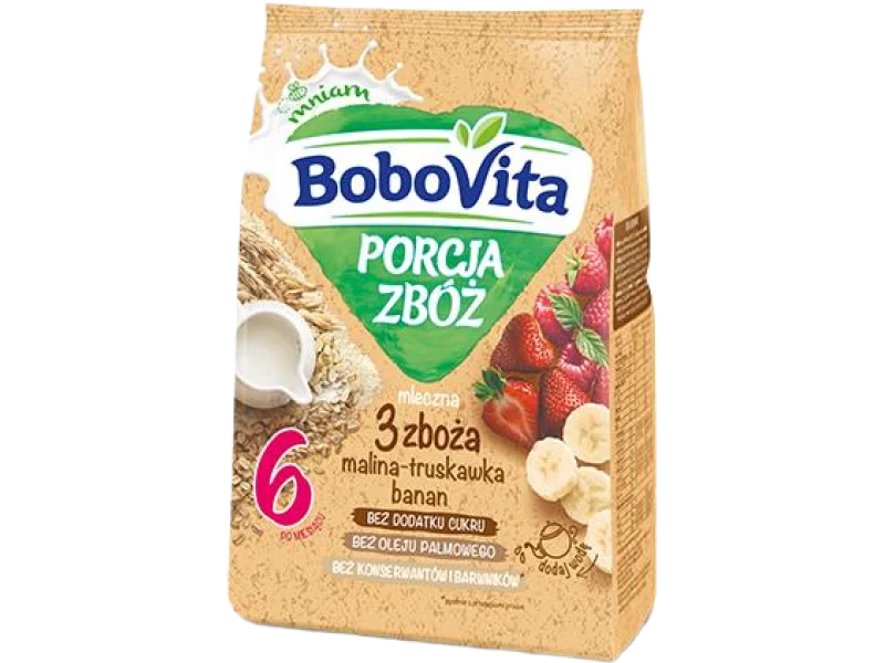 BoboVita Porcja zbóż mleczna kaszka 3 zboża malina truskawka banan, proszek