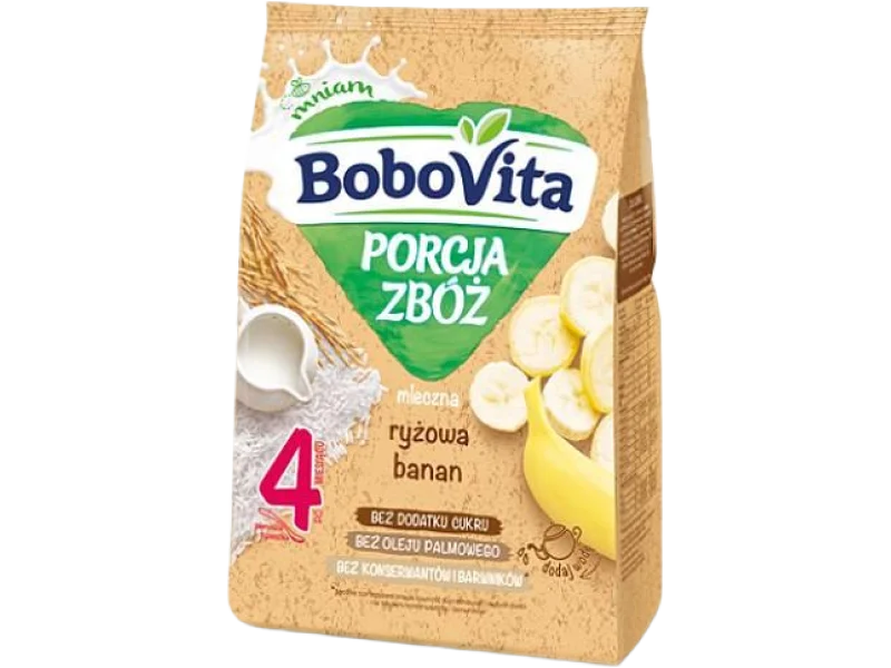 BoboVita Porcja Zbóż Mleczna kaszka ryżowa z bananem 4m+, proszek
