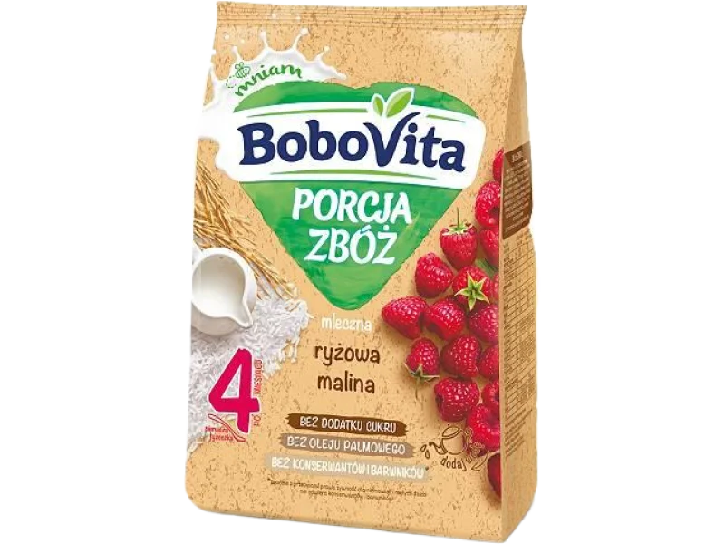 BoboVita Porcja Zbóż Mleczna kaszka ryżowa z maliną 4m+, proszek