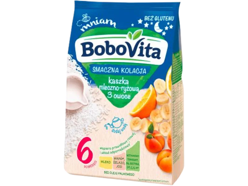 BoboVita Smaczna Kolacja Kaszka mleczno-ryżowa 3 owoce po 6 miesiącu, proszek
