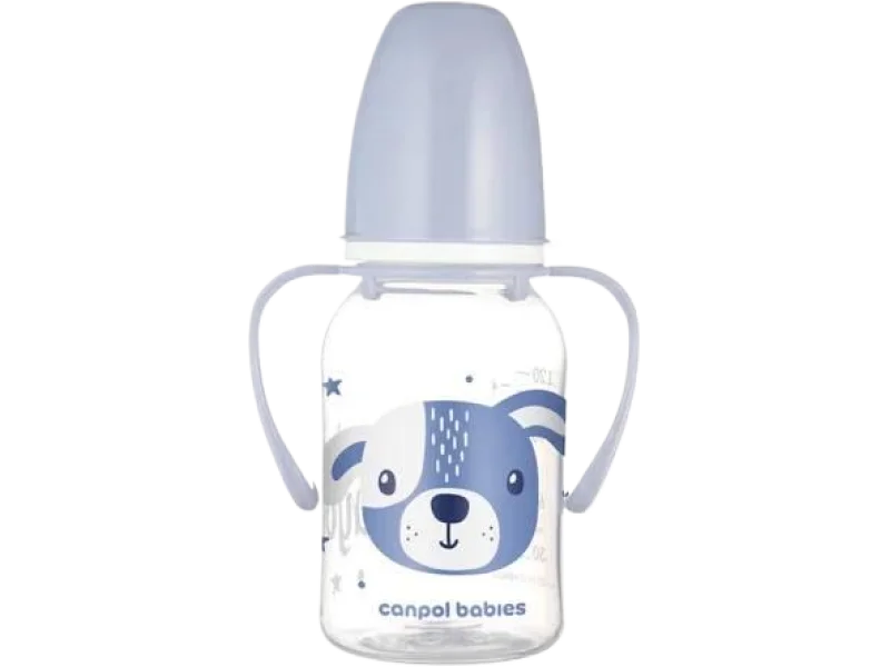 Canpol Babies Cute Animals Butelka wąska z uchwytem niebieski pies 3m+, pojemnik