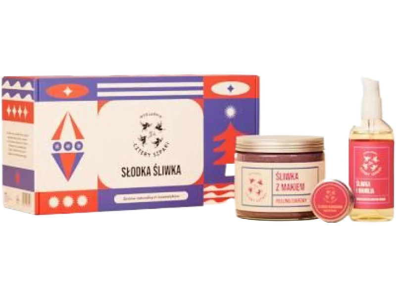 CZTERY SZPAKI (4szpaki) Słodka śliwka Zestaw: Peeling cukrowy Śliwka z makiem + Balsam do ust Śliwka i kardamon + Superlekki olejek do ciała Śliwka i wanilia