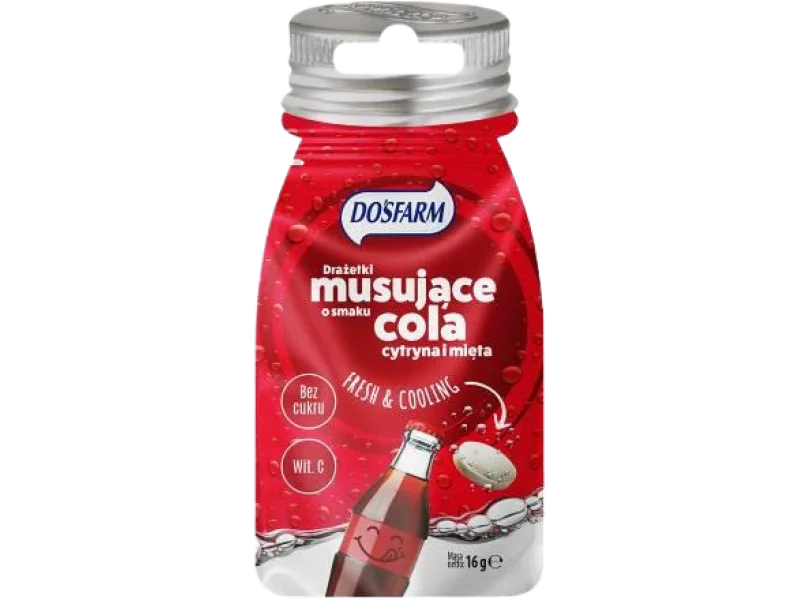 DOSFARM Drażetki musujące o smaku coli, cytryny i mięty z witaminą C, 80 mg/100 g