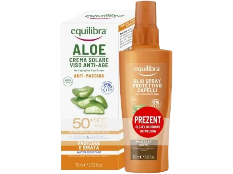 EQUILIBRA Zestaw Aloesowy krem przeciwsłoneczny SPF50+ + Ochronny olejek do włosów