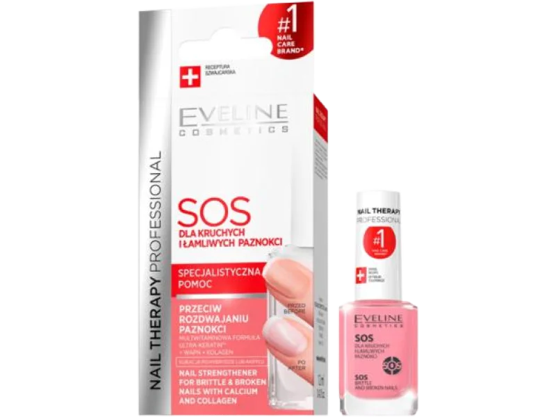 Eveline Nail Therapy SOS Odżywka wzmacniająca dla kruchych i łamliwych paznokci z wapniem i kolagenem, lakier do paznokci