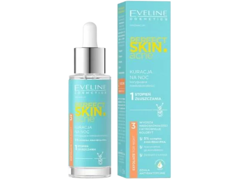 EVELINE Perfect Skin Acne Kuracja na noc korygująca niedoskonałości 1 stopień złuszczania, płyn