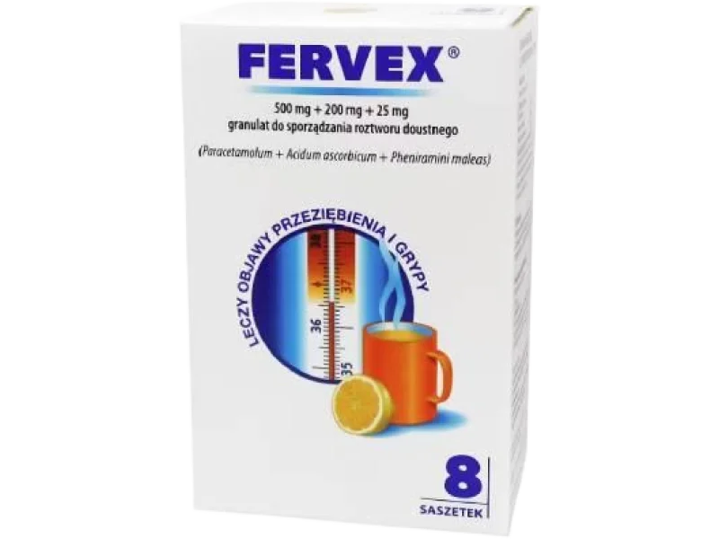 FERVEX, granulat do sporządzania roztworu doustnego, 500 mg + 200 mg + 25 mg