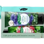 HERBAPOL zestaw nawilżający żel pod prysznic mięta malina melisa + kojący balsam do ciała i rąk chaber fiołek olej arganowy + kosmetyczka, żel + balsam
