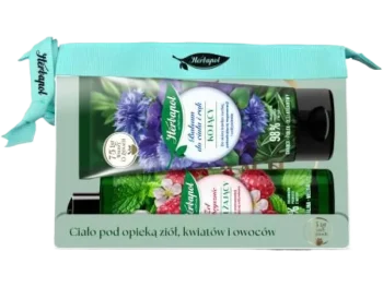 HERBAPOL Zestaw Nawilżający żel pod prysznic Mięta Malina Melisa + Kojący balsam do ciała i rąk Chaber Fiołek Olej arganowy + kosmetyczka