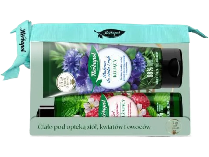 HERBAPOL Zestaw Nawilżający żel pod prysznic Mięta Malina Melisa + Kojący balsam do ciała i rąk Chaber Fiołek Olej arganowy + kosmetyczka
