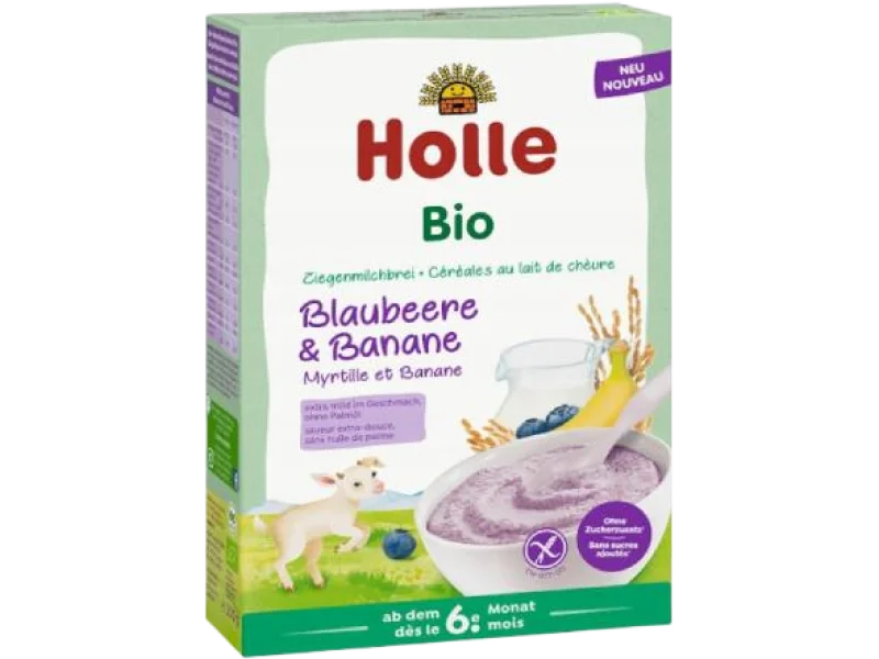 HOLLE BIO Kaszka ryżowa na bazie mleka koziego jagoda-banan po 6. miesiącu, proszek