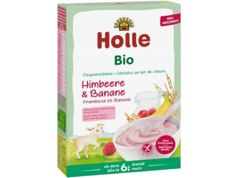 HOLLE BIO Kaszka Ryżowa z Pełnym Mlekiem Kozim Malina Banan, proszek