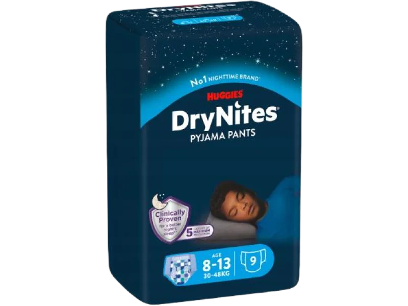 HUGGIES DRYNITES BOYS majtki na noc dla chłopców, 8-13 lat (30-48kg), pieluchomajtki