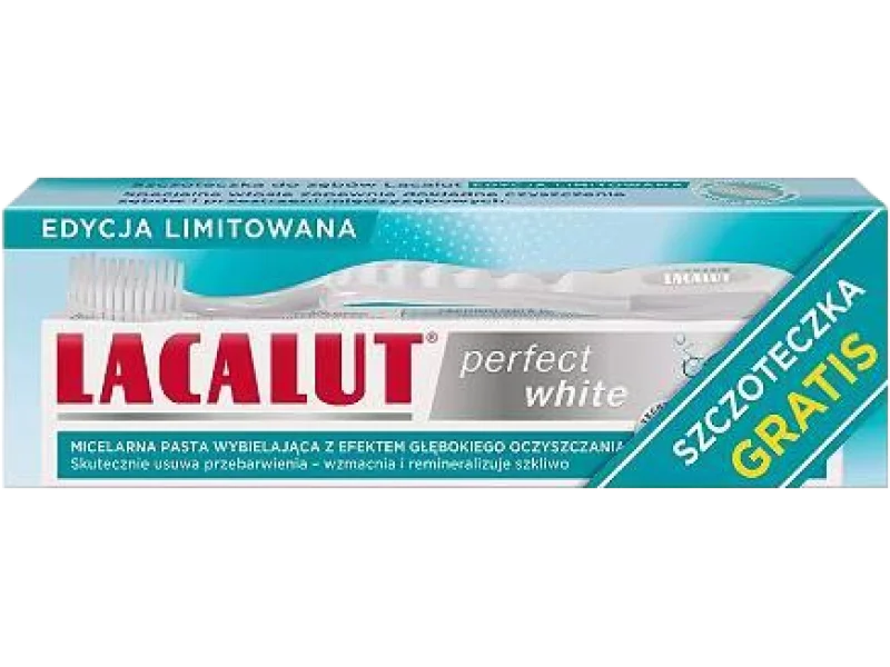 Lacalut Perfect White Pasta do zębów + Szczoteczka średniej twardości szara, pasta do jamy ustnej