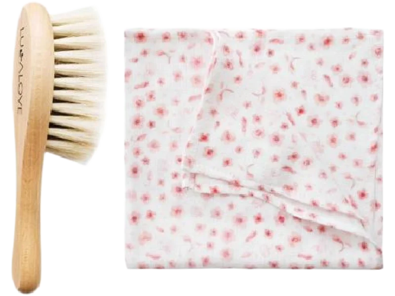 LULLALOVE Szczotka miękka z koziego włosia + myjka muślinowa Kwiaty Róż, sprzęt medyczny