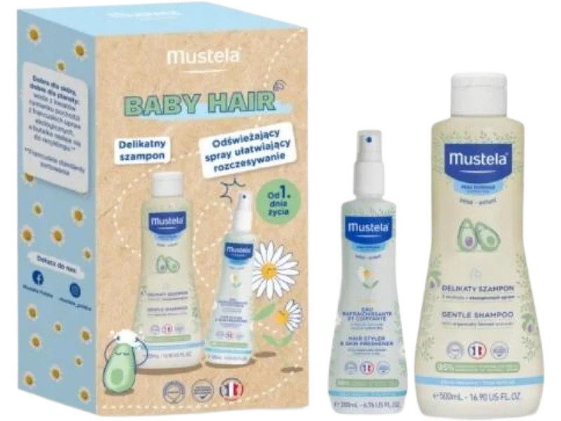 MUSTELA BABY HAIR Zestaw: Delikatny szampon + Odświeżający spray ułatwiający rozczesywanie, szampon,spray