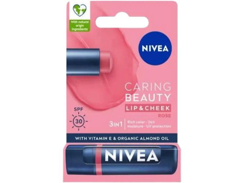NIVEA Caring Beauty 3w1 Rose Pomadka pielęgnująca do ust SPF30