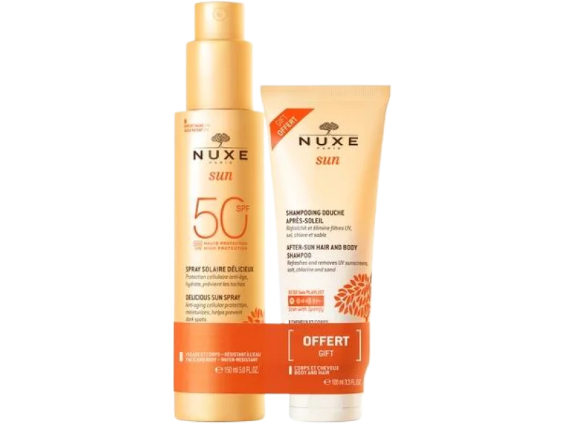 NUXE Sun Zestaw Mleczko do opalania twarzy SPF50 + Żel pod prysznic do ciała i włosów