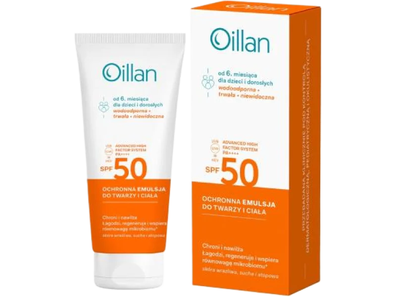 OILLAN Ochronna emulsja przeciwsłoneczna do twarzy i ciała z filtrem SPF50 do skóry wrażliwej, emulsja na skórę