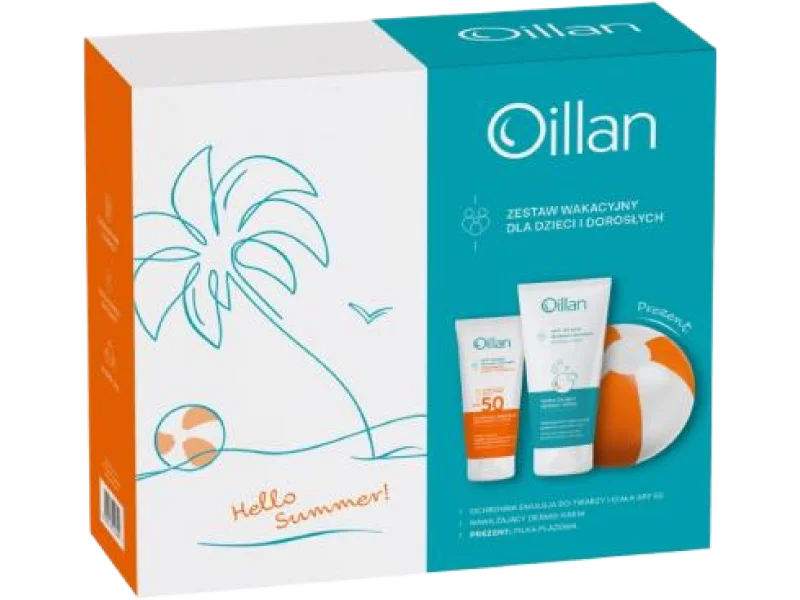 OILLAN Sun Zestaw Ochronna emulsja do twarzy i ciała z filtrem SPF50 + Dermo-krem + piłka plażowa, zestaw terapeutyczny