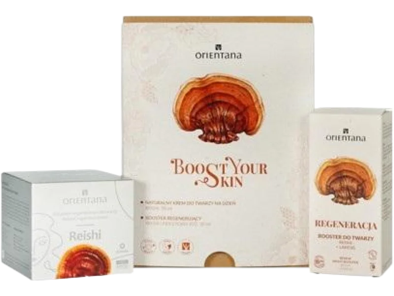 Orientana Zestaw Boost Your Skin Naturalny wegański krem do twarzy Reishi + Regenerujący booster do twarzy Reishi Lakesis, krem,serum
