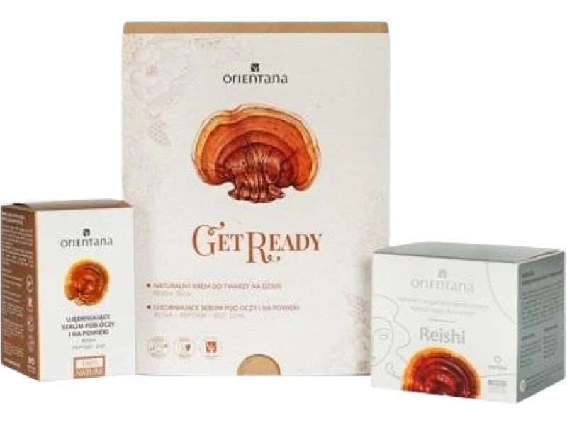 Orientana Zestaw Get Ready Naturalny wegański krem do twarzy Reishi + Ujędrniające serum pod oczy i na powieki Reishi Peptydy EGF
