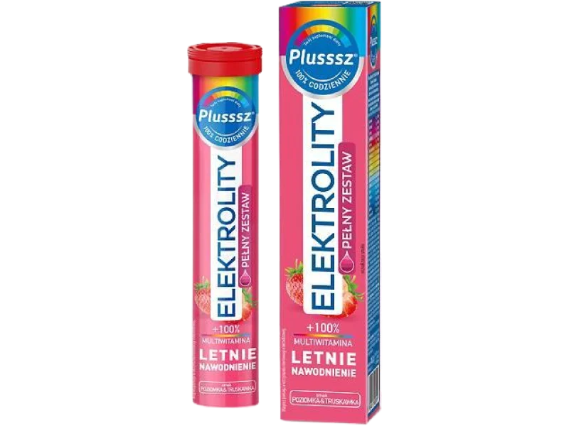 Plusssz Elektrolity + 100% Multiwitamina, smak poziomka & truskawka, tabletki musujące