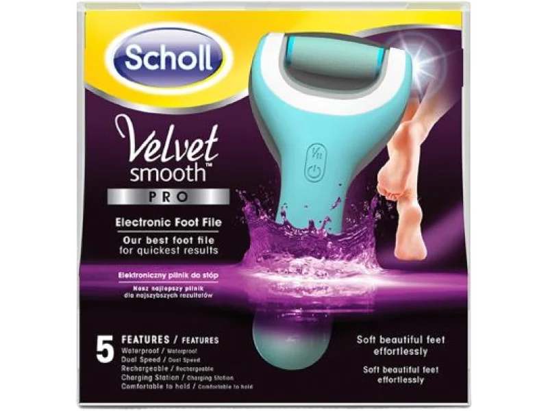 SCHOLL VELVET SMOOTH Pro Elektryczny pilnik do stóp z ładowarką, wodoodporny, sprzęt medyczny