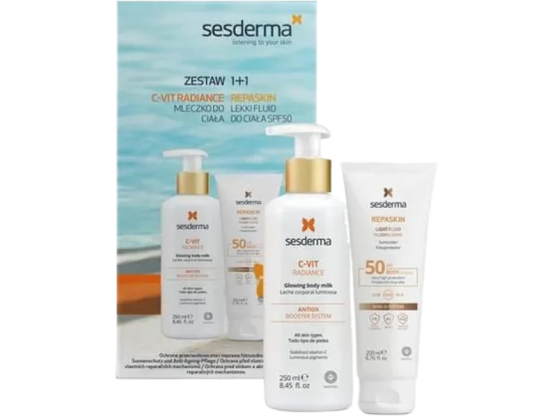 Sesderma Zestaw Dermokosmetyków C-Vit Radiance + Repaskin Light Fluid SPF 50, mleczko