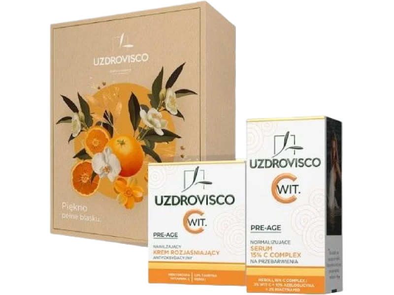 UZDROVISCO Pre-Age Zestaw Nawilżający krem rozjaśniający antyoksydacyjny + Normalizujące serum C complex 15% na przebarwienia, zestaw terapeutyczny