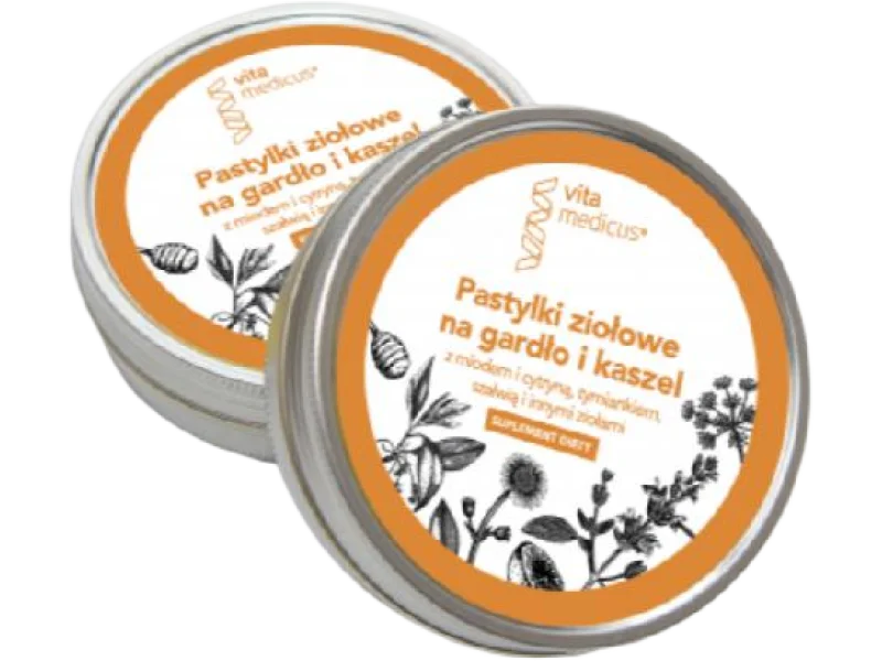 VitaMedicus Pastylki ziołowe na gardło i kaszel z miodem i cytryną, tymiankiem, szałwią i innymi ziołami, pastylki do ssania, 15 mg
