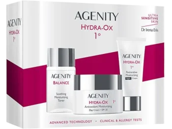 Zdjęcie produktu Zestaw Agenity Hydra-Ox Antyoksydacyjny krem nawilżający na dzień SPF 20 + Odbudowujący krem nawilżający na noc + Łagodzący tonik nawilżający