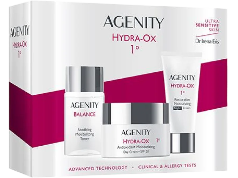 Zestaw Agenity Hydra-Ox Antyoksydacyjny krem nawilżający na dzień SPF 20 + Odbudowujący krem nawilżający na noc + Łagodzący tonik nawilżający