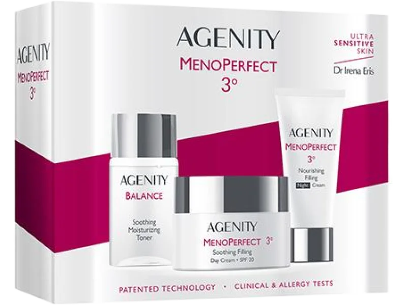 Zestaw Agenity Menoperfect Łagodzący krem wypełniający na dzień SPF 20 + Odżywczy krem wypełniający na noc + Łagodzący tonik nawilżający